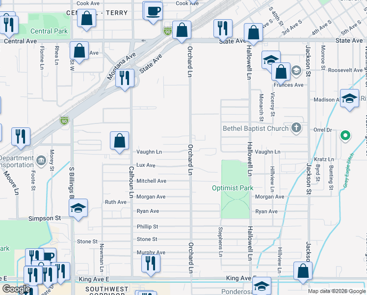 map of restaurants, bars, coffee shops, grocery stores, and more near 4423 Vaughn Lane in Billings