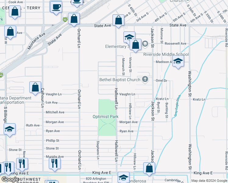 map of restaurants, bars, coffee shops, grocery stores, and more near 4201 Vaughn Lane in Billings