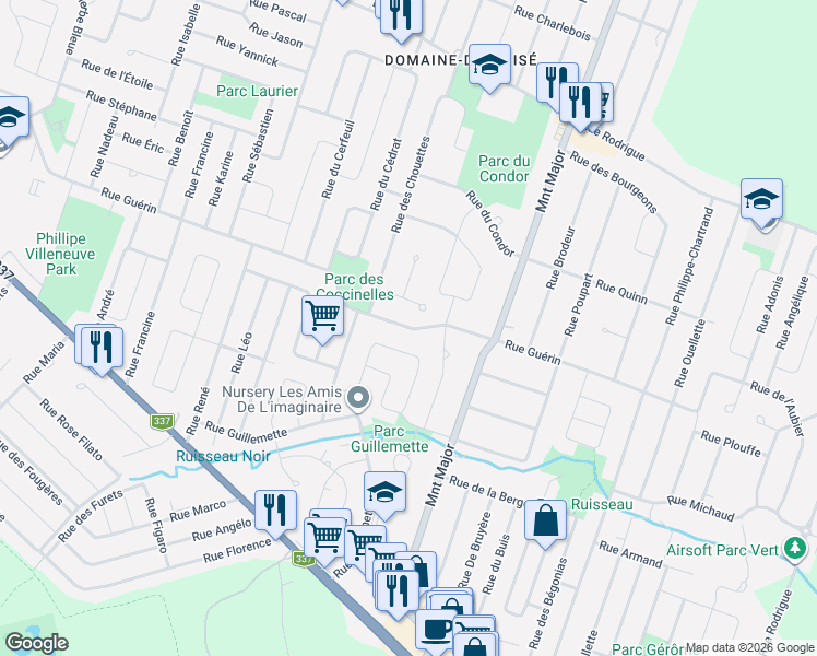 map of restaurants, bars, coffee shops, grocery stores, and more near 5813 Rue Guérin in Terrebonne