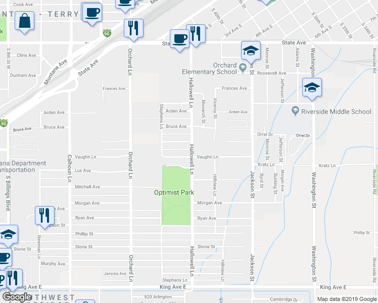 map of restaurants, bars, coffee shops, grocery stores, and more near 334 Hallowell Lane in Billings