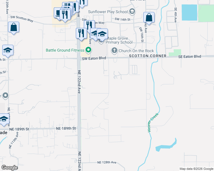 map of restaurants, bars, coffee shops, grocery stores, and more near 2402 Southwest 5th Place in Battle Ground