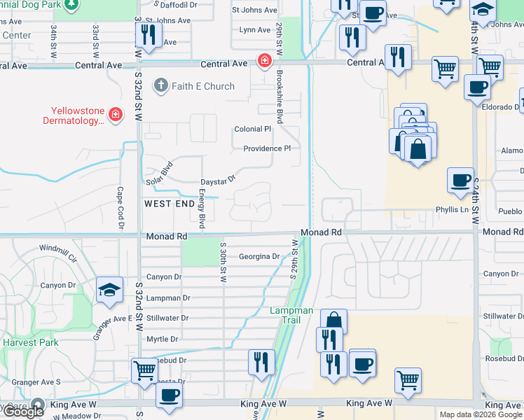 map of restaurants, bars, coffee shops, grocery stores, and more near 2952-2954 Shallow Water Court in Billings