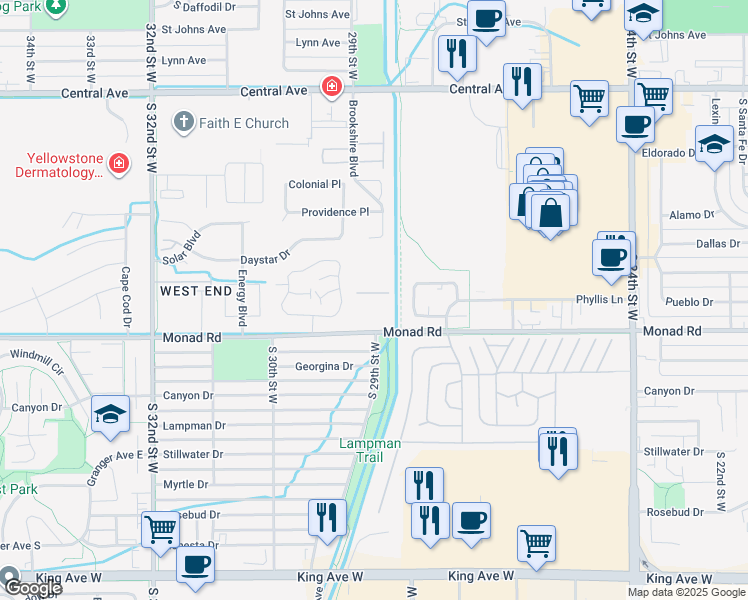 map of restaurants, bars, coffee shops, grocery stores, and more near 2901 Monad Road in Billings