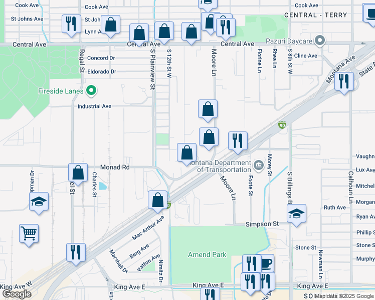 map of restaurants, bars, coffee shops, grocery stores, and more near 319 Foster Lane in Billings