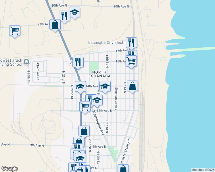 map of restaurants, bars, coffee shops, grocery stores, and more near 1800 14th Avenue North in Escanaba