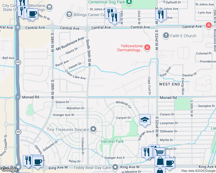 map of restaurants, bars, coffee shops, grocery stores, and more near 3482 Shenandoah Drive in Billings