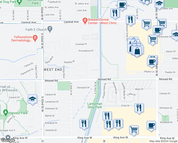 map of restaurants, bars, coffee shops, grocery stores, and more near 373 Stonegate Circle in Billings