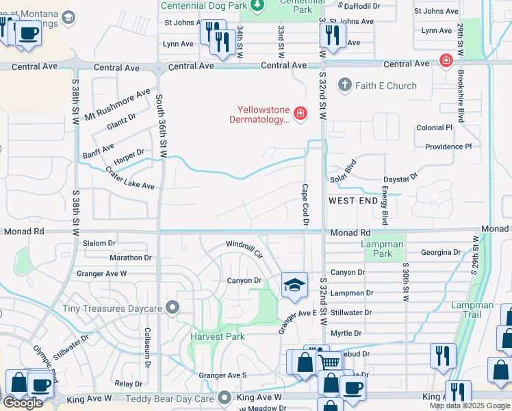 map of restaurants, bars, coffee shops, grocery stores, and more near 3376 Tahoe Drive in Billings