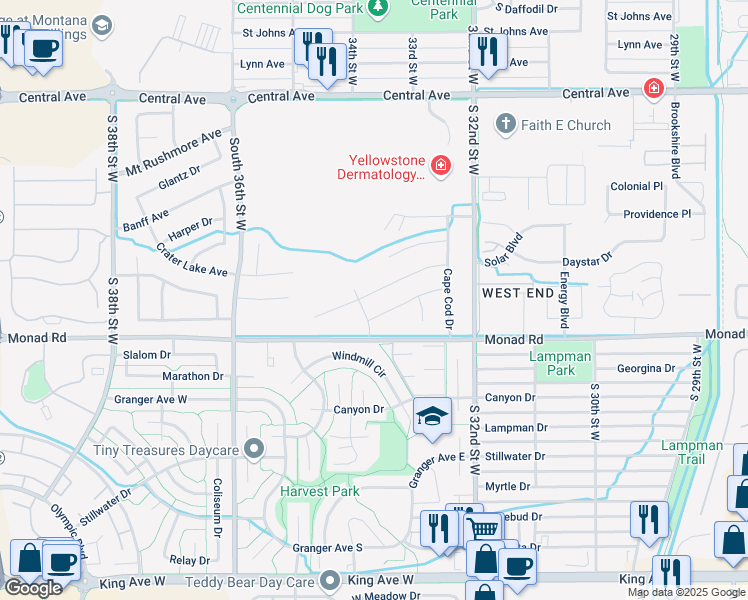 map of restaurants, bars, coffee shops, grocery stores, and more near 3376 Tahoe Drive in Billings
