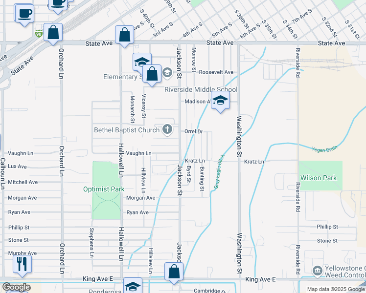 map of restaurants, bars, coffee shops, grocery stores, and more near 325 Jackson Street in Billings