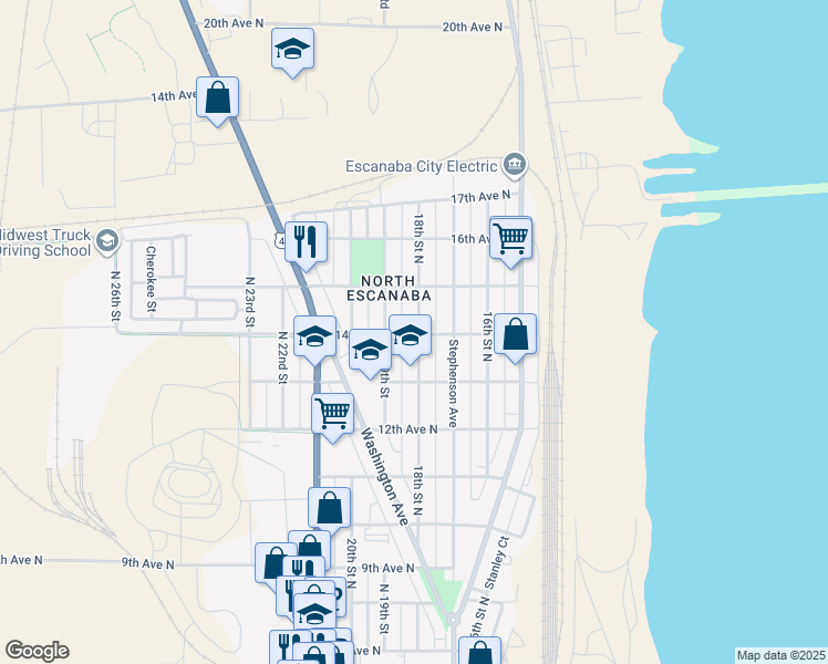 map of restaurants, bars, coffee shops, grocery stores, and more near 1800-1898 14th Avenue North in Escanaba