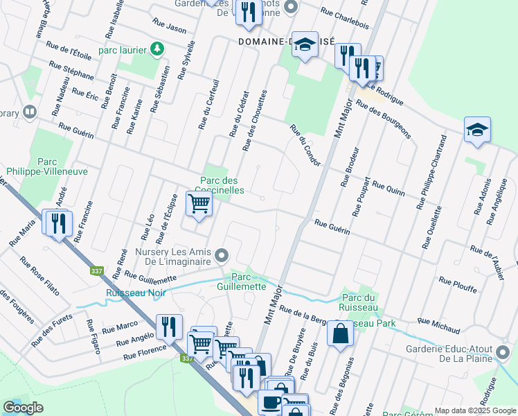 map of restaurants, bars, coffee shops, grocery stores, and more near 5813 Rue Guérin in Terrebonne