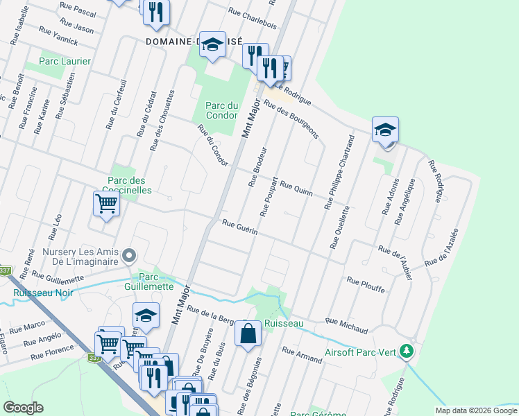 map of restaurants, bars, coffee shops, grocery stores, and more near 2412 Rue Poupart in Terrebonne