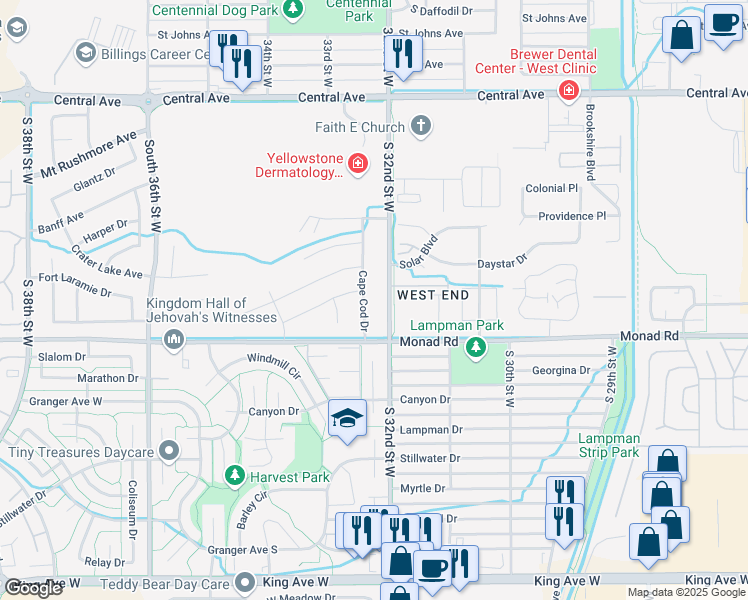 map of restaurants, bars, coffee shops, grocery stores, and more near 337 Cape Cod Drive in Billings