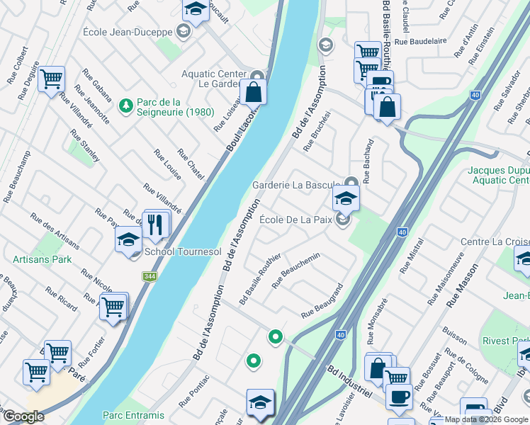map of restaurants, bars, coffee shops, grocery stores, and more near 302 Rue Beaubien in Repentigny