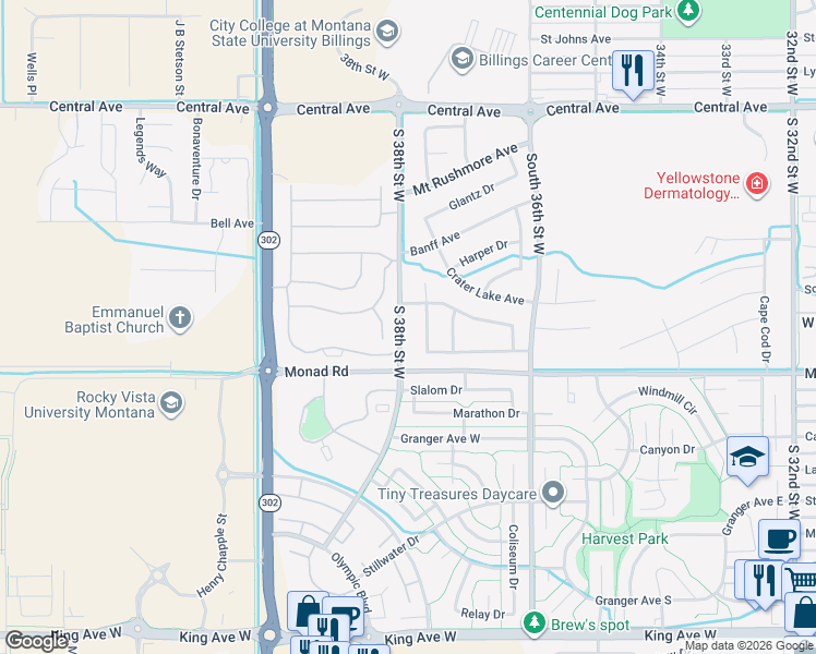 map of restaurants, bars, coffee shops, grocery stores, and more near 331 South 38th Street West in Billings