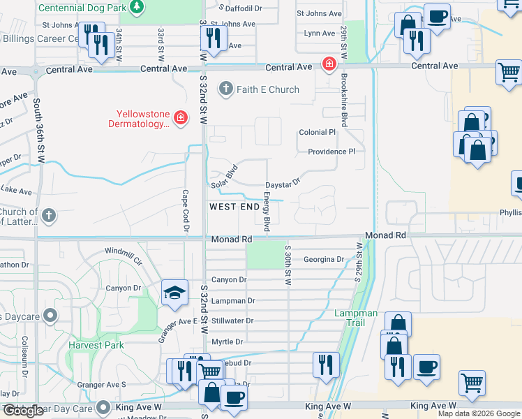 map of restaurants, bars, coffee shops, grocery stores, and more near 346 Future Circle in Billings