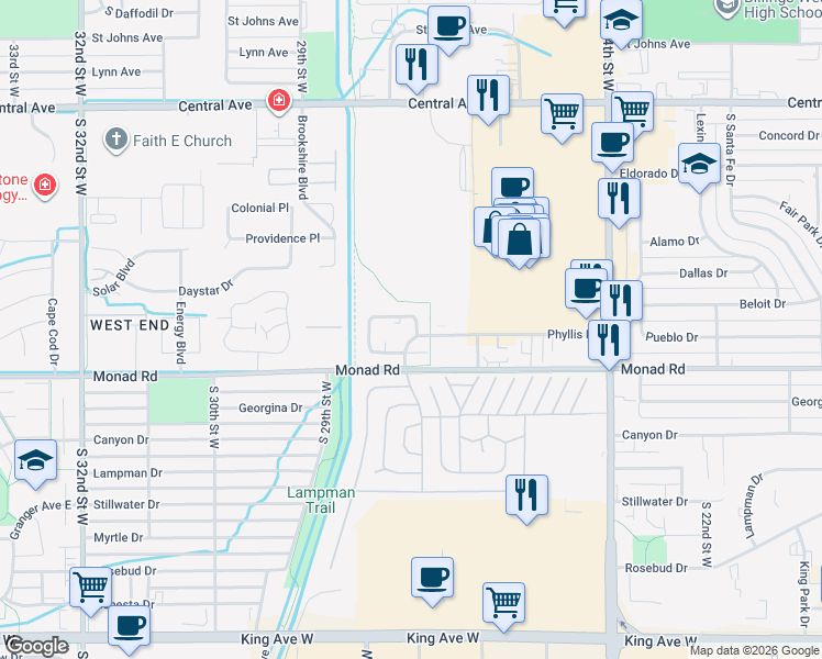 map of restaurants, bars, coffee shops, grocery stores, and more near 341 Phyllis Circle East in Billings