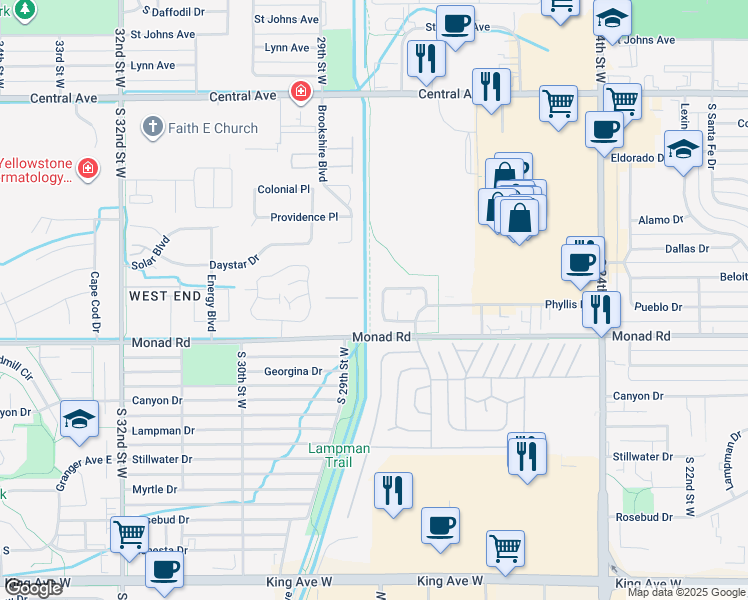 map of restaurants, bars, coffee shops, grocery stores, and more near 334 Phyllis Circle West in Billings