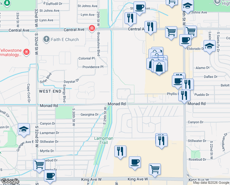 map of restaurants, bars, coffee shops, grocery stores, and more near 334 Phyllis Circle West in Billings