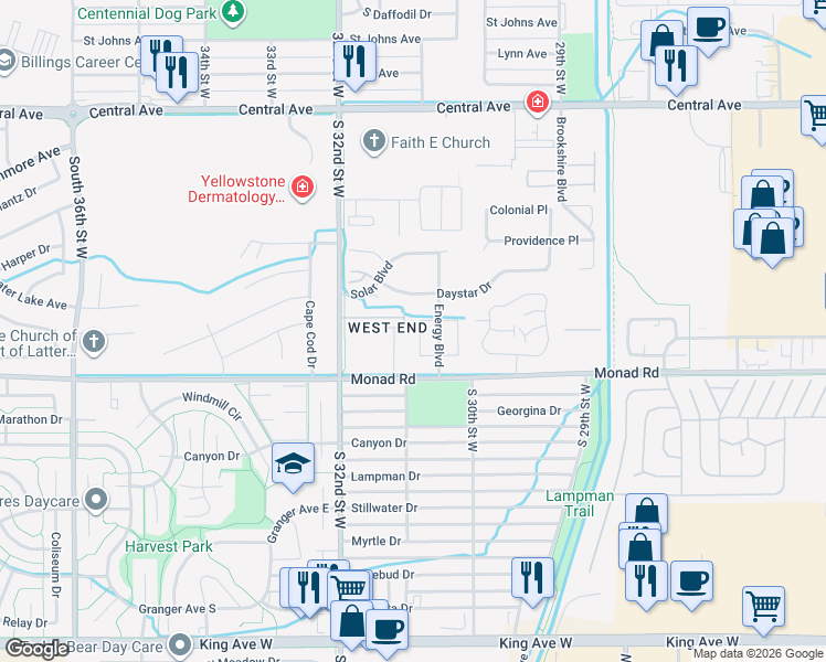 map of restaurants, bars, coffee shops, grocery stores, and more near 346 Future Circle in Billings