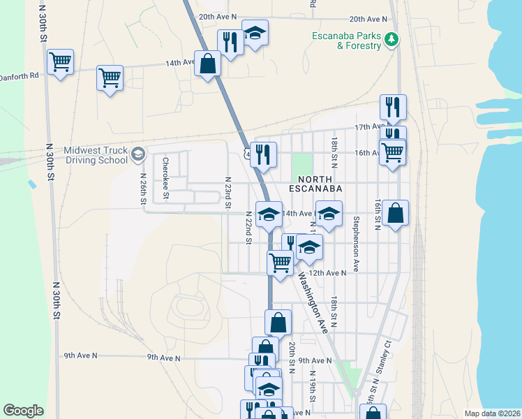map of restaurants, bars, coffee shops, grocery stores, and more near 2104 14th Avenue North in Escanaba