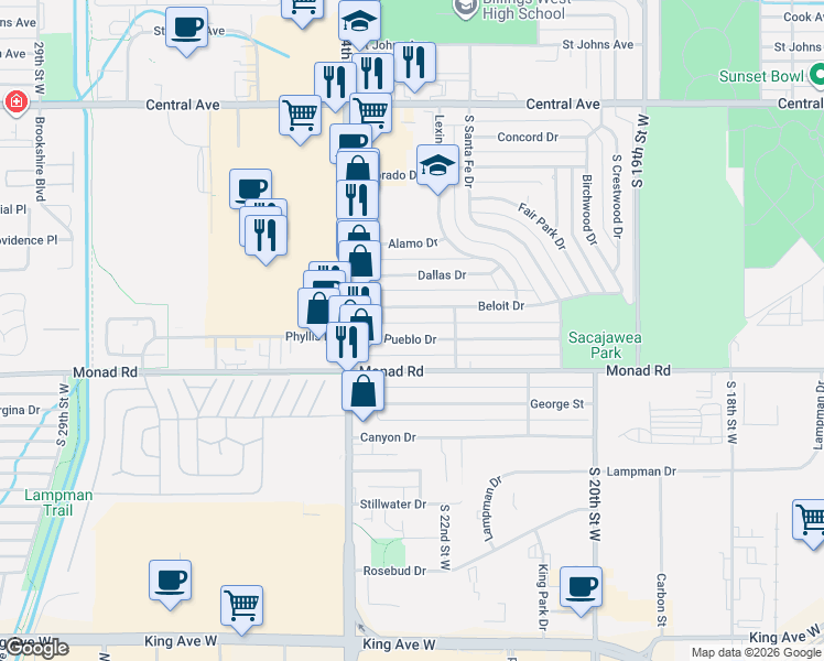 map of restaurants, bars, coffee shops, grocery stores, and more near 2215 Pueblo Drive in Billings