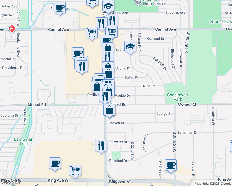 map of restaurants, bars, coffee shops, grocery stores, and more near 2239 Pueblo Dr in Billings