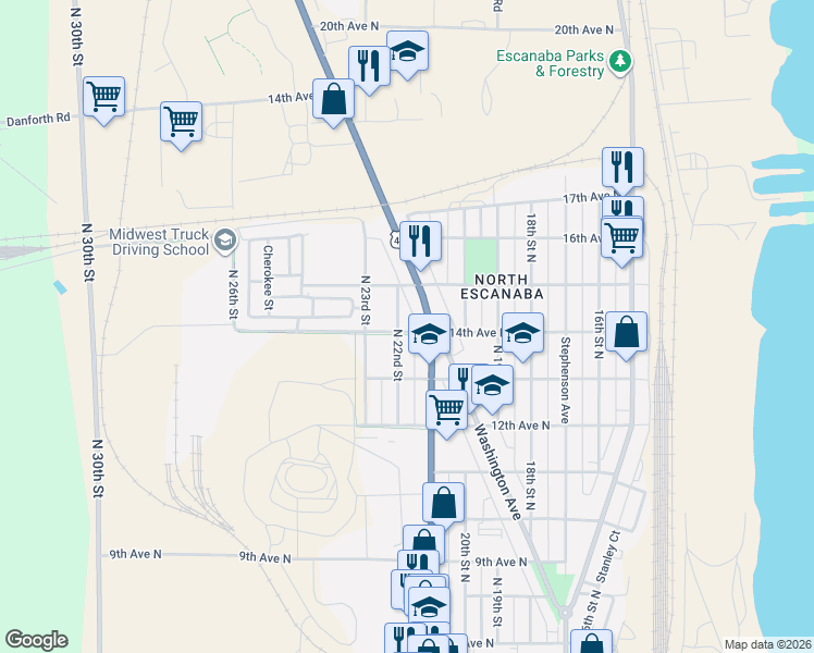 map of restaurants, bars, coffee shops, grocery stores, and more near 2104-2116 14th Ave N in Escanaba