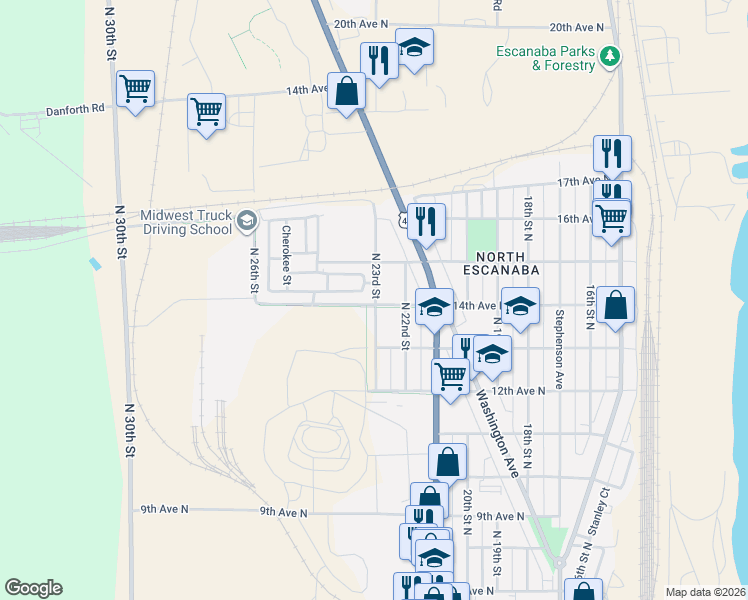 map of restaurants, bars, coffee shops, grocery stores, and more near 1400 North 23rd Street in Escanaba