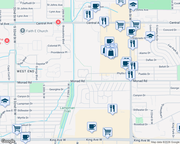 map of restaurants, bars, coffee shops, grocery stores, and more near 341 Phyllis Circle East in Billings