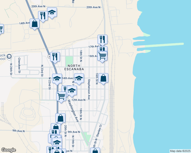 map of restaurants, bars, coffee shops, grocery stores, and more near 1401 16th Street North in Escanaba