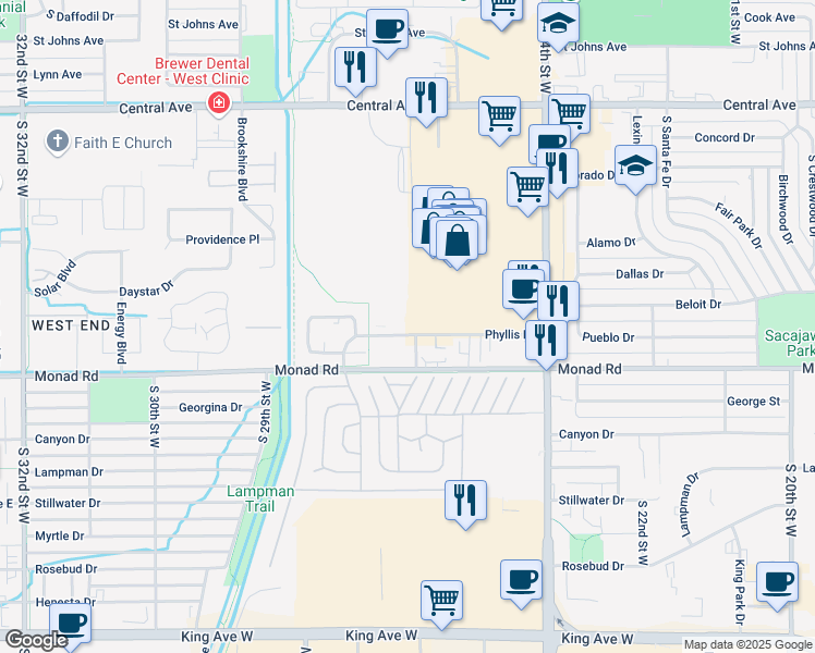 map of restaurants, bars, coffee shops, grocery stores, and more near 2601 Phyllis Lane in Billings