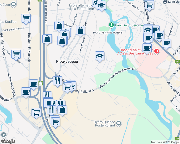 map of restaurants, bars, coffee shops, grocery stores, and more near 58 Rue Louis-Jolliet in Saint-Jã©Rã´Me