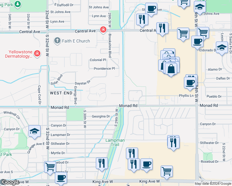 map of restaurants, bars, coffee shops, grocery stores, and more near 373 Stonegate Circle in Billings