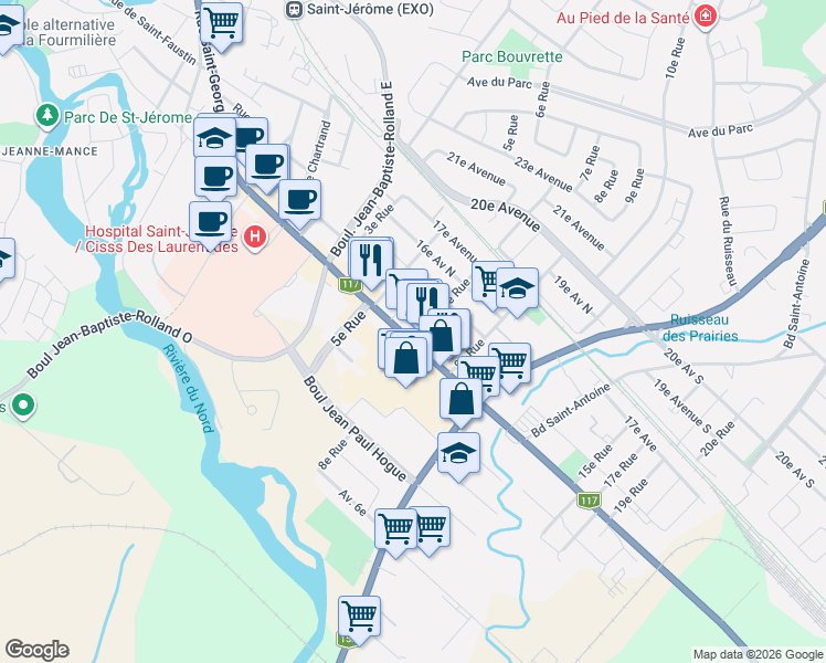 map of restaurants, bars, coffee shops, grocery stores, and more near 409 Boulevard des Laurentides in Saint-Jérôme