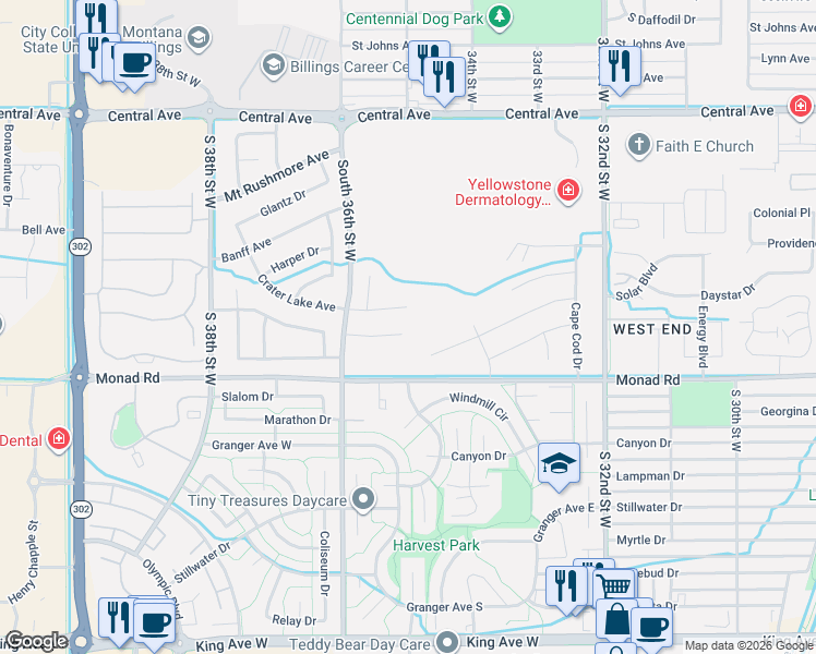 map of restaurants, bars, coffee shops, grocery stores, and more near 3482 Shenandoah Dr in Billings