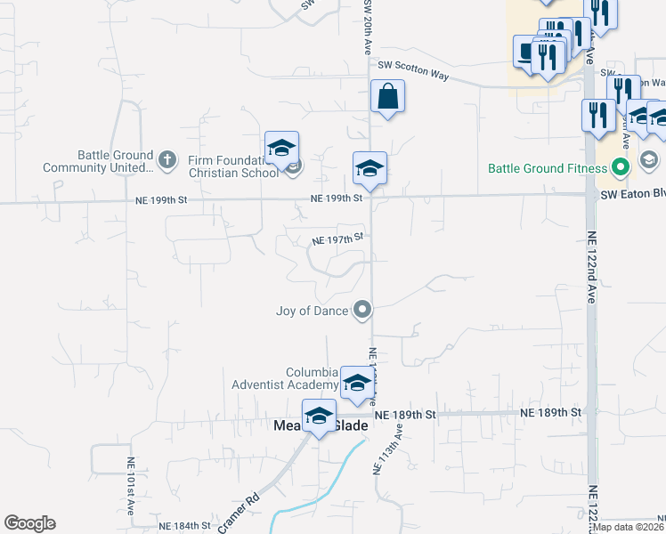 map of restaurants, bars, coffee shops, grocery stores, and more near 10916 NE 196th St in Battle Ground