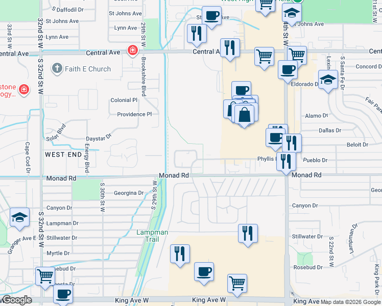 map of restaurants, bars, coffee shops, grocery stores, and more near 2724 Phyllis Circle North in Billings