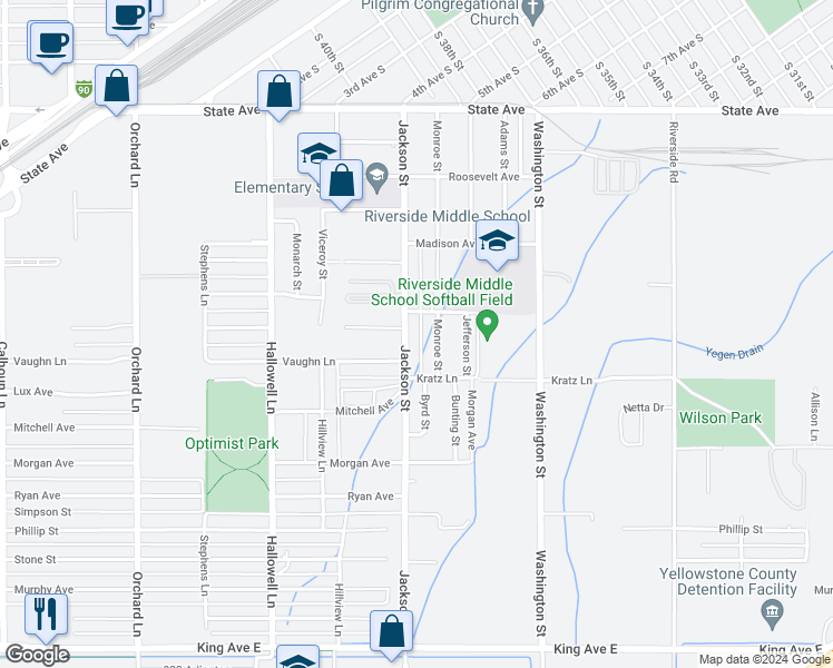 map of restaurants, bars, coffee shops, grocery stores, and more near 325 Jackson Street in Billings