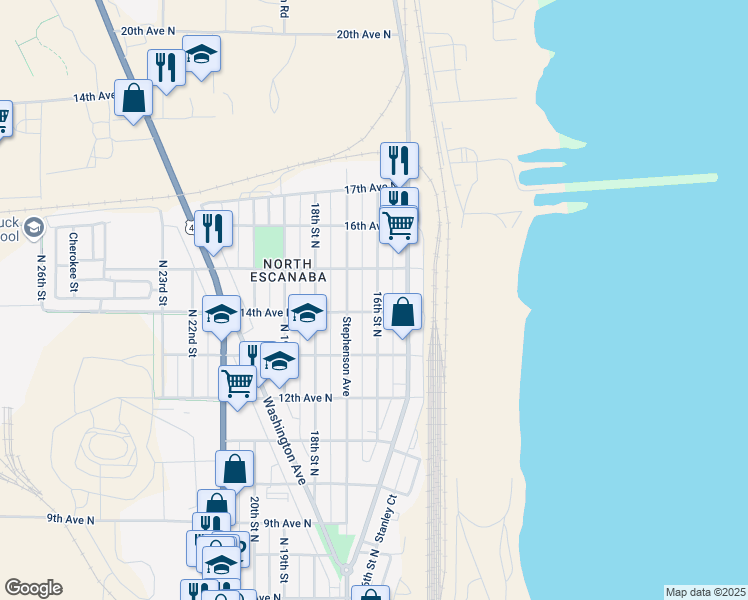 map of restaurants, bars, coffee shops, grocery stores, and more near 1401-1499 16th Street North in Escanaba