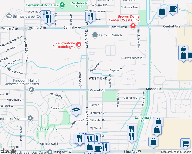 map of restaurants, bars, coffee shops, grocery stores, and more near 3136 New Hope Drive in Billings