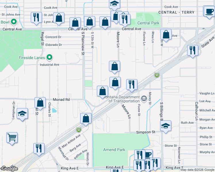map of restaurants, bars, coffee shops, grocery stores, and more near 319 Foster Lane in Billings