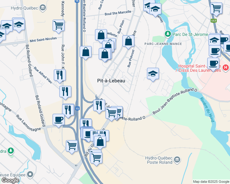 map of restaurants, bars, coffee shops, grocery stores, and more near 1051 Rue Blondin in Saint-Jérôme
