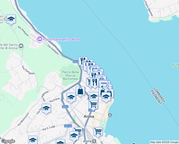 map of restaurants, bars, coffee shops, grocery stores, and more near 18 Via Poli in Arona