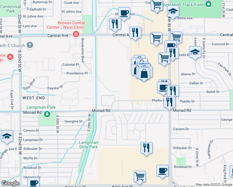 map of restaurants, bars, coffee shops, grocery stores, and more near 341 Phyllis Circle East in Billings