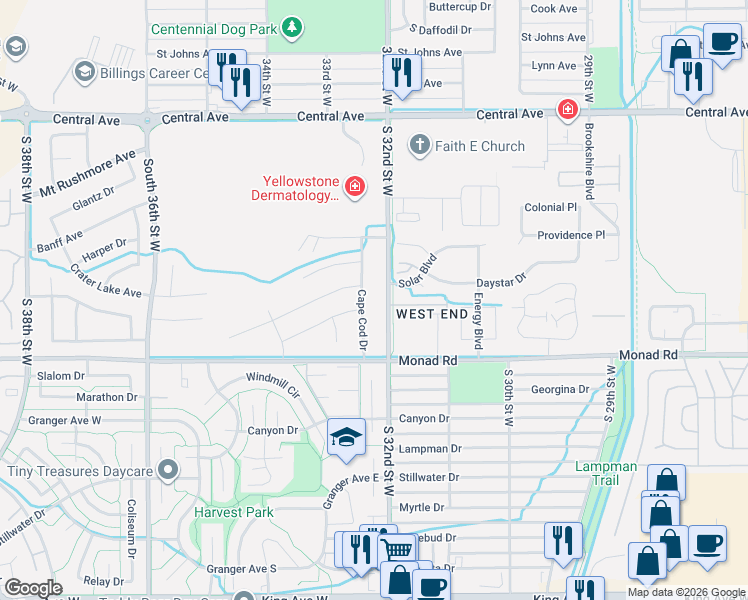 map of restaurants, bars, coffee shops, grocery stores, and more near 337 Cape Cod Drive in Billings