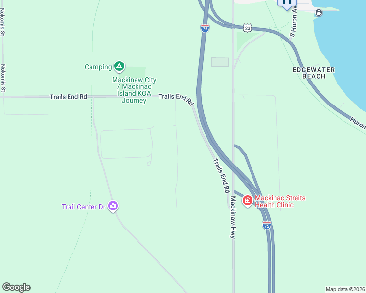 map of restaurants, bars, coffee shops, grocery stores, and more near 14833 Windmill Trail in Mackinaw City