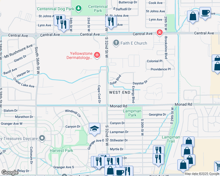 map of restaurants, bars, coffee shops, grocery stores, and more near 3165 New Hope Drive in Billings