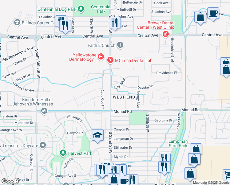 map of restaurants, bars, coffee shops, grocery stores, and more near 3163 New Hope Drive in Billings